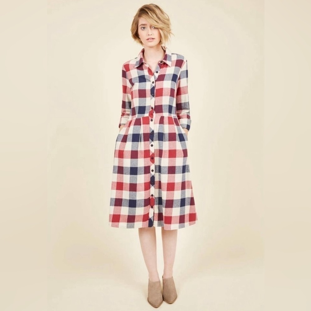 Modcloth Plaid Flannel Jamberry Roll Cuff Sleeve Dress Womens Size Large